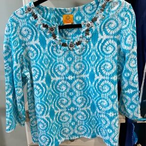 Ruby Rd. Turquoise Patterned Blouse with Silver Accents